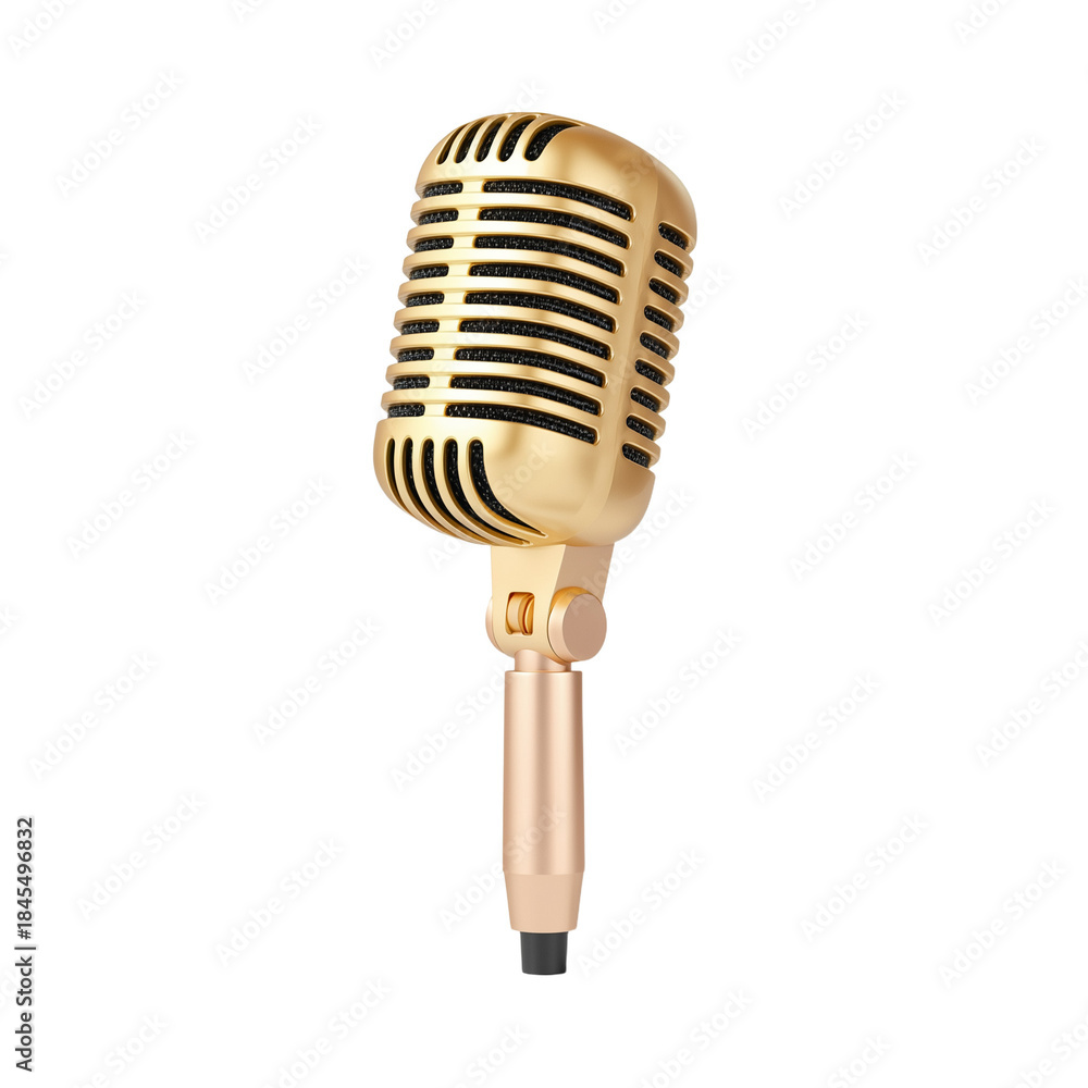 Fototapeta premium Vintage Gold Retro Microphone on White Background png design element with transparency