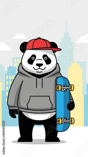 Cool Cartoon Panda Character Wearing Hoodie and Baseball Cap Holding a Skateboard in Front of City Skyline