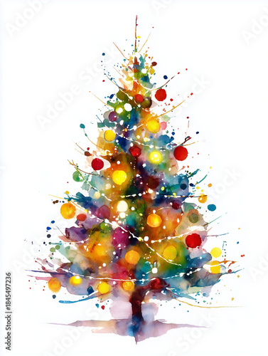 Abstract watercolor painting showing colorful christmas tree