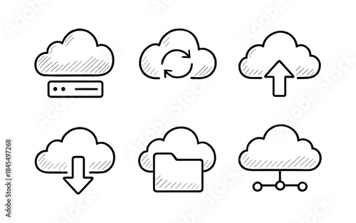Hand-drawn cloud computing icons representing data storage, sync, upload, download, and network