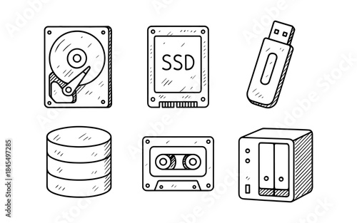 Collection of hand-drawn digital storage devices and media in a simple sketch style