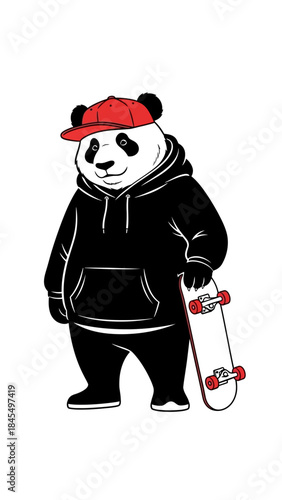 Cool Cartoon Panda Wearing Red Baseball Cap and Black Hoodie Holding Skateboard Vector Illustration