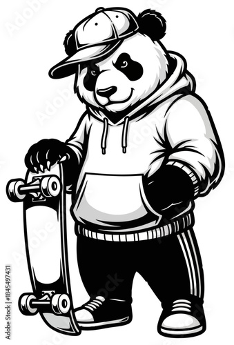Cool Panda Mascot Character in Hoodie and Cap Holding Skateboard Urban Streetwear Style Illustration