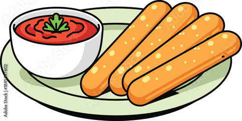 Breadsticks with tomato dipping sauce on plate, cute cartoon appetizer food illustration isolated on white background