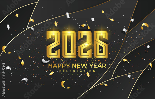 happy new year 2026 background with golden text and modern design