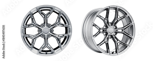Photos car wheel , alloy wheel chrome colour set photo isolated on a white background