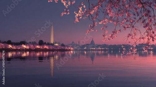 A serene cityscape at dusk, cherry blossoms frame the water, with famous landmarks mirrored in the still water. It's a peaceful scene, perfect for setting the mood