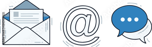 A set of three communication icons (letter, email, chatbot) reflecting the evolution of information exchange. The concept of digitalization and copyright issues for AI/neural network generated content