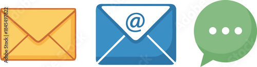 A set of three communication icons (letter, email, chatbot) reflecting the evolution of information exchange. The concept of digitalization and copyright issues for AI/neural network generated content