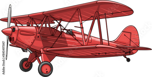 Vintage Biplane Vector Illustration, Classic Propeller Aircraft From Early Aviation History
