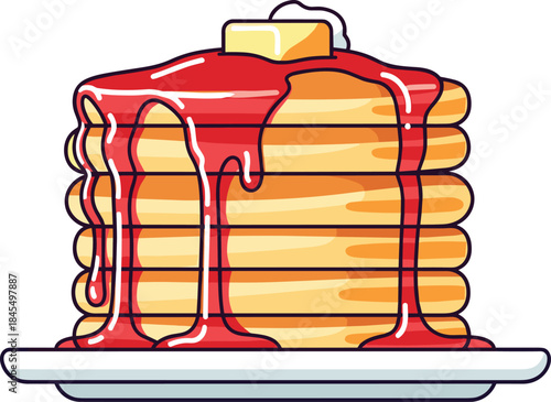 Delicious stack of pancakes with syrup and butter, cute cartoon breakfast food illustration isolated on white background