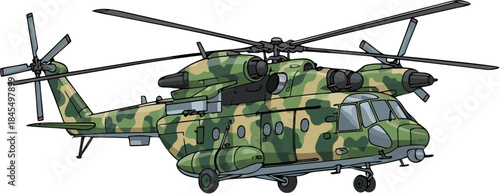 Military Helicopter Vector Illustration, Armed Combat Rotorcraft For Defense, Patrol And Tactical Aviation