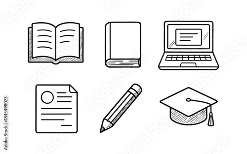 Hand-drawn icons representing education and learning tools on a white background
