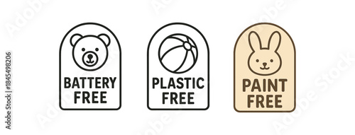 Flat vector illustration toy packaging badges with text battery free plastic free paint free