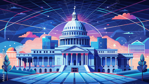 Very beautiful conceptual illustration of the United States Capitol illuminated by digital network connections, blending classical architecture with modern technology in a futuristic vector style.