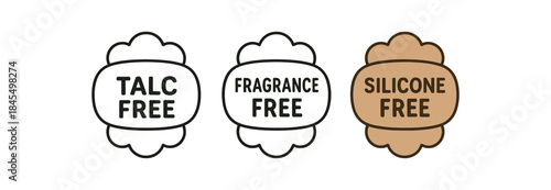 Flat vector illustration makeup label badges with text talc free fragrance free silicone free