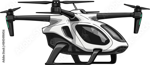 Aerial Drone Taxi Vector Illustration, Autonomous Electric Air Vehicle For Urban Passenger Transportation