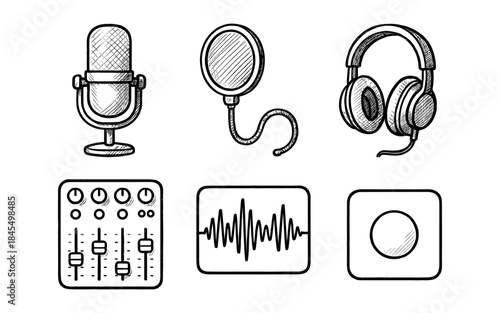 Hand-drawn audio recording equipment icons for music production and podcasting