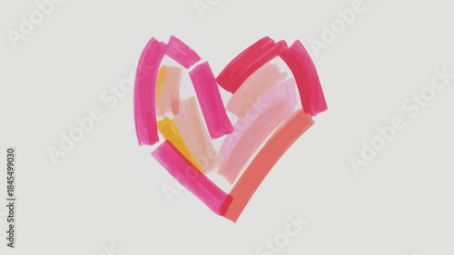 A vibrant abstract heart made from bold colorful brushstrokes in pink, red, and yellow hues on a light gray background