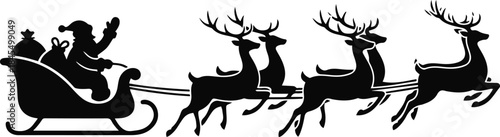 Vector silhouette illustration of Santa Claus waving from his sleigh filled with gifts, pulled by a team of flying reindeer