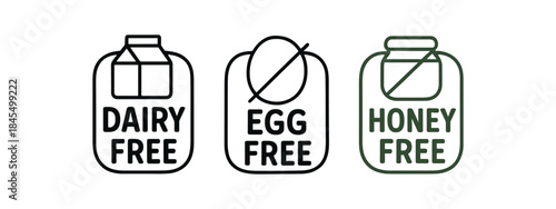 Flat vector illustration vegan food badges with text dairy free egg free honey free