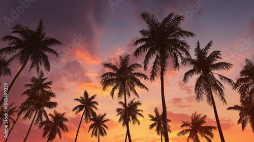 A mesmerizing sunset casting a warm glow over a grove of palm trees, creating a silhouette against the vibrant sky. The scene is both serene and captivating