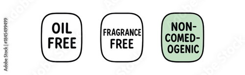 Flat vector illustration skincare packaging badges with text oil free fragrance free non comedogenic