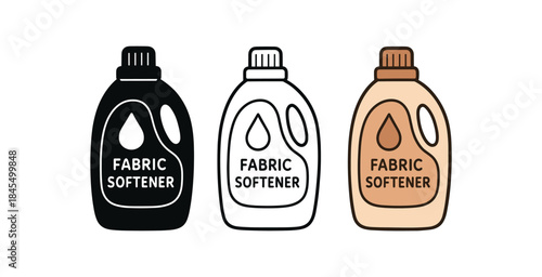 Flat vector illustration fabric softener and laundry booster bottles with small droplet soft