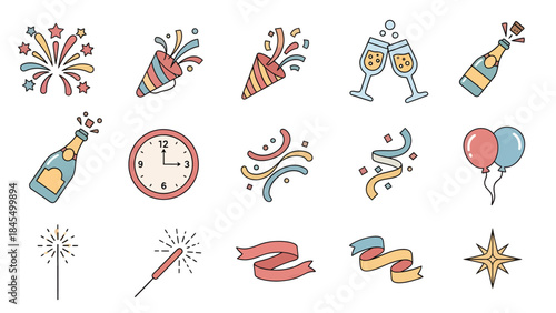 Champagne, Clock and New Year Party Icons
