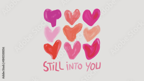 A vibrant grid of distorted heart silhouettes in various pink and red hues on a light background with still into you text