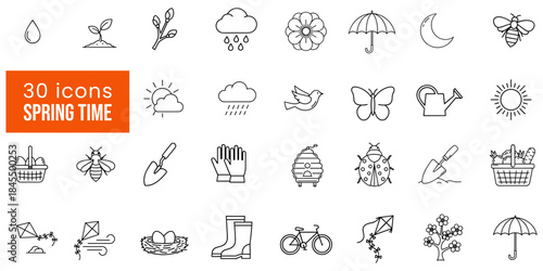 Essential outline vector icons for spring season themes, featuring a diverse array of elements from gardening tools and blooming nature to vibrant wildlife and changing weather, perfect for