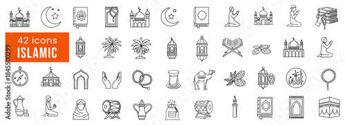 Modern vector outline icons portraying essential Islamic religious objects, cultural items, and traditional practices perfect for digital media and educational content.