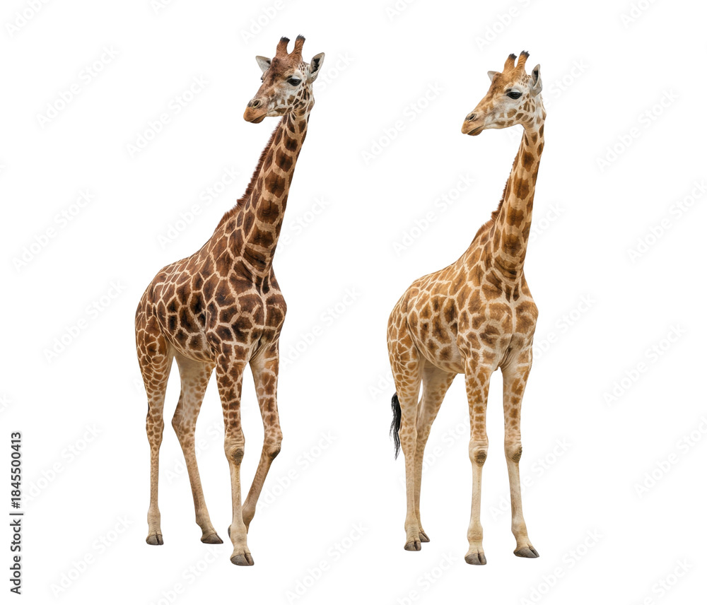 Fototapeta premium Two standing giraffes isolated on white background