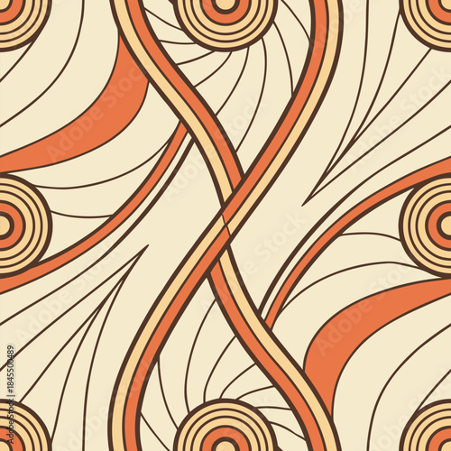 Seamless Vector Pattern of Abstract Interlocking Ribbons and Circles in Retro Art Deco Style