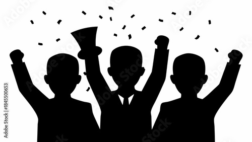 Confetti celebration with businessmen cheering and holding megaphone