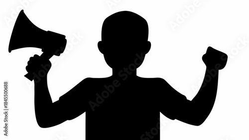 Silhouette of a determined person holding a megaphone and raising fist