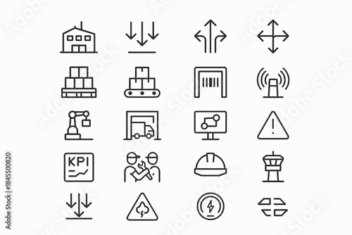 Industrial logistics and automation icons including kpi and safety symbols