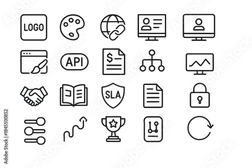 Collection of business and technology icon set featuring web api and security symbols