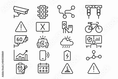 Transportation and road safety icon set featuring traffic signals and warning signs