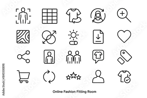 Online fashion fitting room icons: clothing, shopping, customization, review, user interface