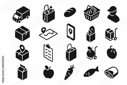 Isometric icons: shopping, delivery, and groceries collection