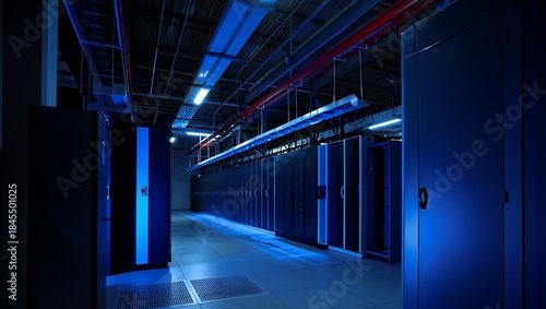 A futuristic bluelit server room with rows of computer racks