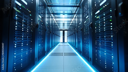 A futuristic bluelit server room with rows of computer racks