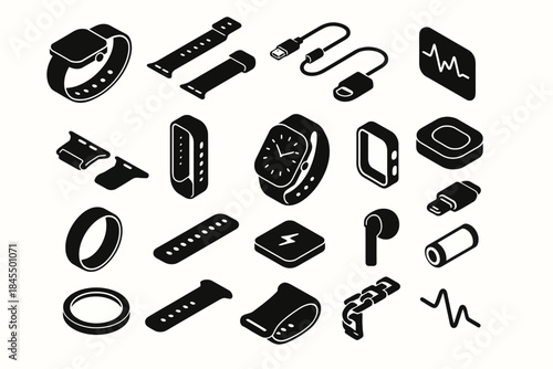 Black and white minimalist icons of smartwatches and wearable tech accessories