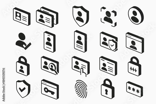 Isometric black and white user identity icons collection