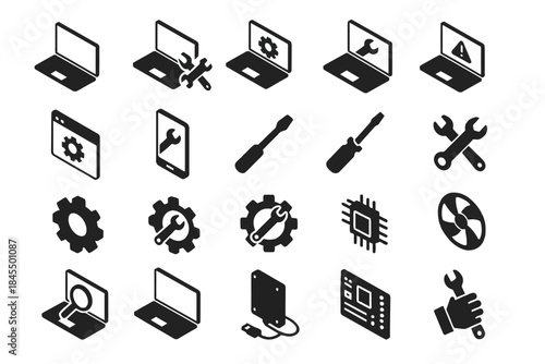 Technology and repair icons: laptops, tools, gears, circuit boards, chips