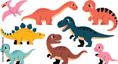 Cute cartoon dinosaurs set vector illustration for kids education prehistoric animals nursery design isolated