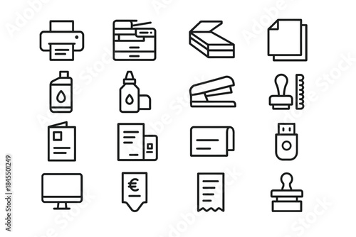 Office supplies icons set including printer, scanner, and usb drive