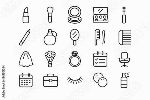 Beauty and grooming icons set: makeup, skincare, accessories, and tools