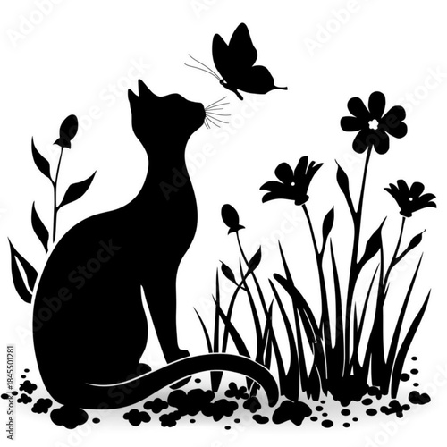 Cute black cartoon cat sitting on grass with flowers and a loving playful feeling